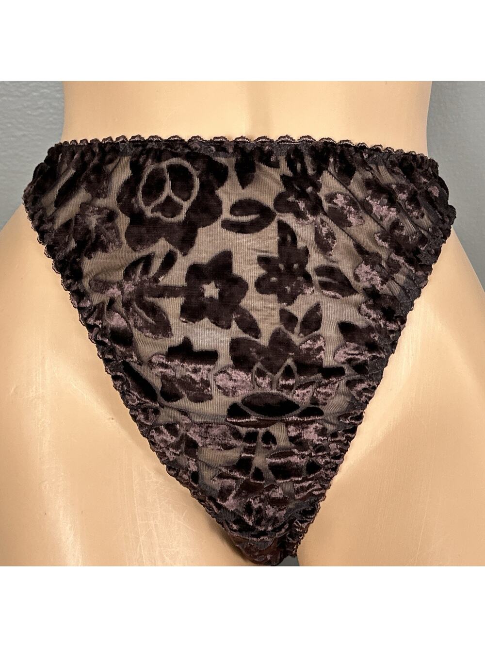 Vintage Burnout Velvet Floral Thong Panty Size XL 8 Sheer Mesh Brown High Cut